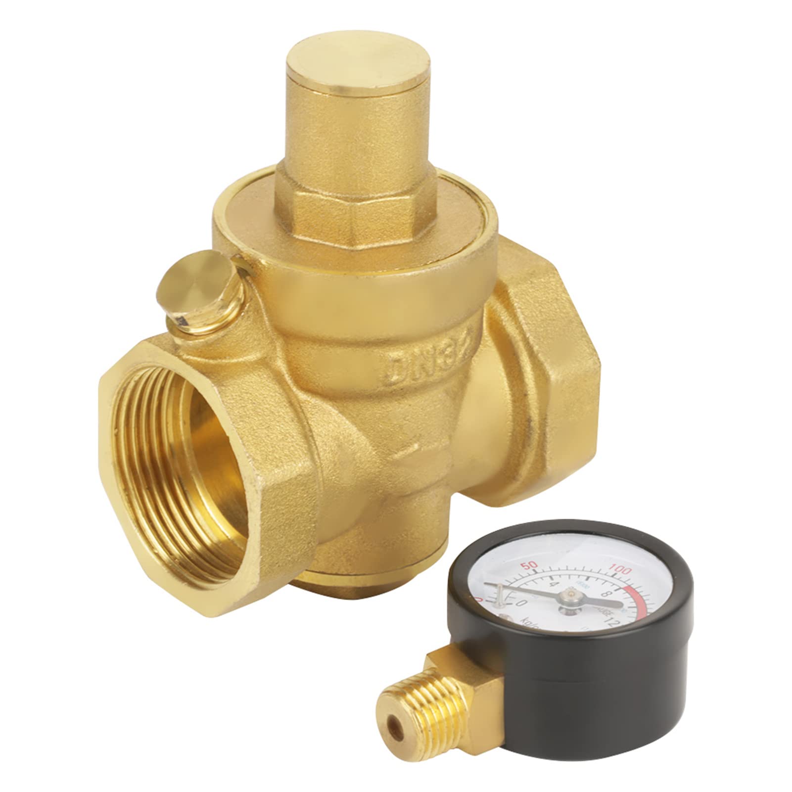 DN32 Adjustable Brass Water Pressure Reduction Valve with Pressure Meter, Adjustable Brass Water Pressure Reducer, Plumbing (DN32)