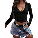 SweatyRocks Women's Long Sleeve Deep V Neck T Shirts Slim Fit Going Out Y2k Tops 2026 Fashion Clothes