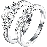 2Ct 925 Sterling Silver Cubic Zirconia 3 Stone Round Cut Wedding Ring Set CZ Engagement Ring for Women