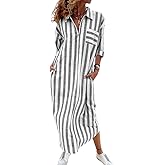 chouyatou Women's Summer 3/4 Sleeve Striped Shirt Dress Business Casual Half Zipper Maxi Long Beach Dress