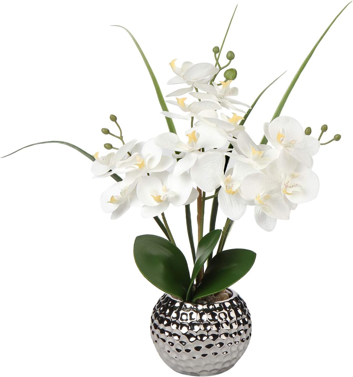 Briful 20.8" Artificial Flowers Orchid Plant Real Touch Phalaenopsis in Ceramic Silver Pot for Wedding Dinning Table Centerpiece Home Decor