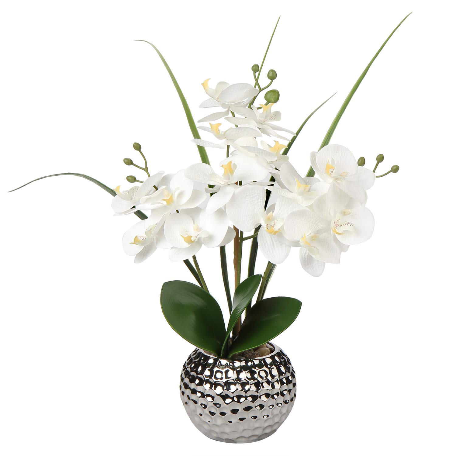 Briful 20.8" Artificial Flowers Orchid Plant Real Touch Phalaenopsis in Ceramic Silver Pot for Wedding Dinning Table Centerpiece Home Decor, Orchid White Lifelike Fake Flowers