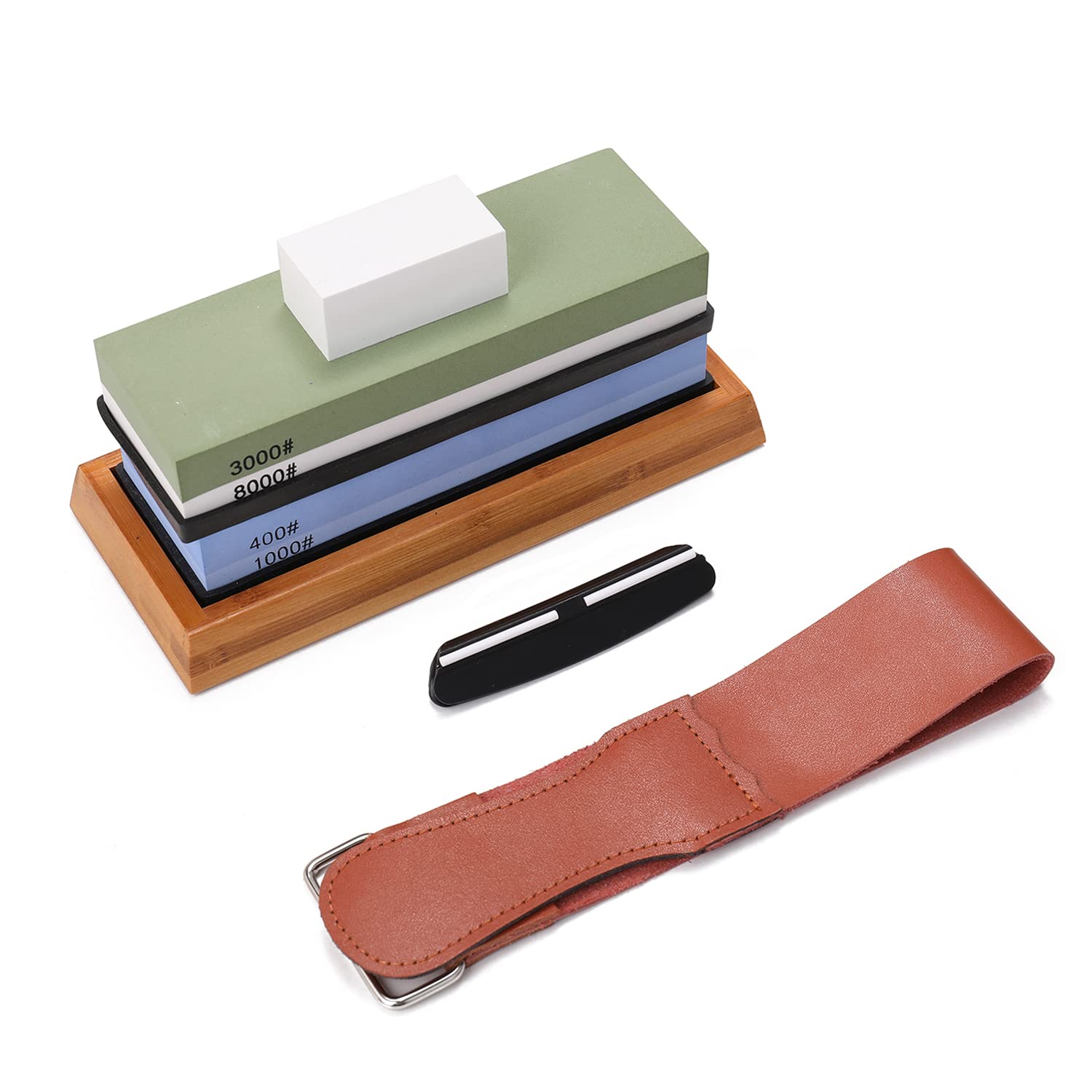 Knife Sharpening Stone Set 400 1000 3000 8000 Geevorks Professional Whetstone Sharpeners with Non-Slip Bamboo Base + Cutter Angle Guide+Rubber Base,etc, White