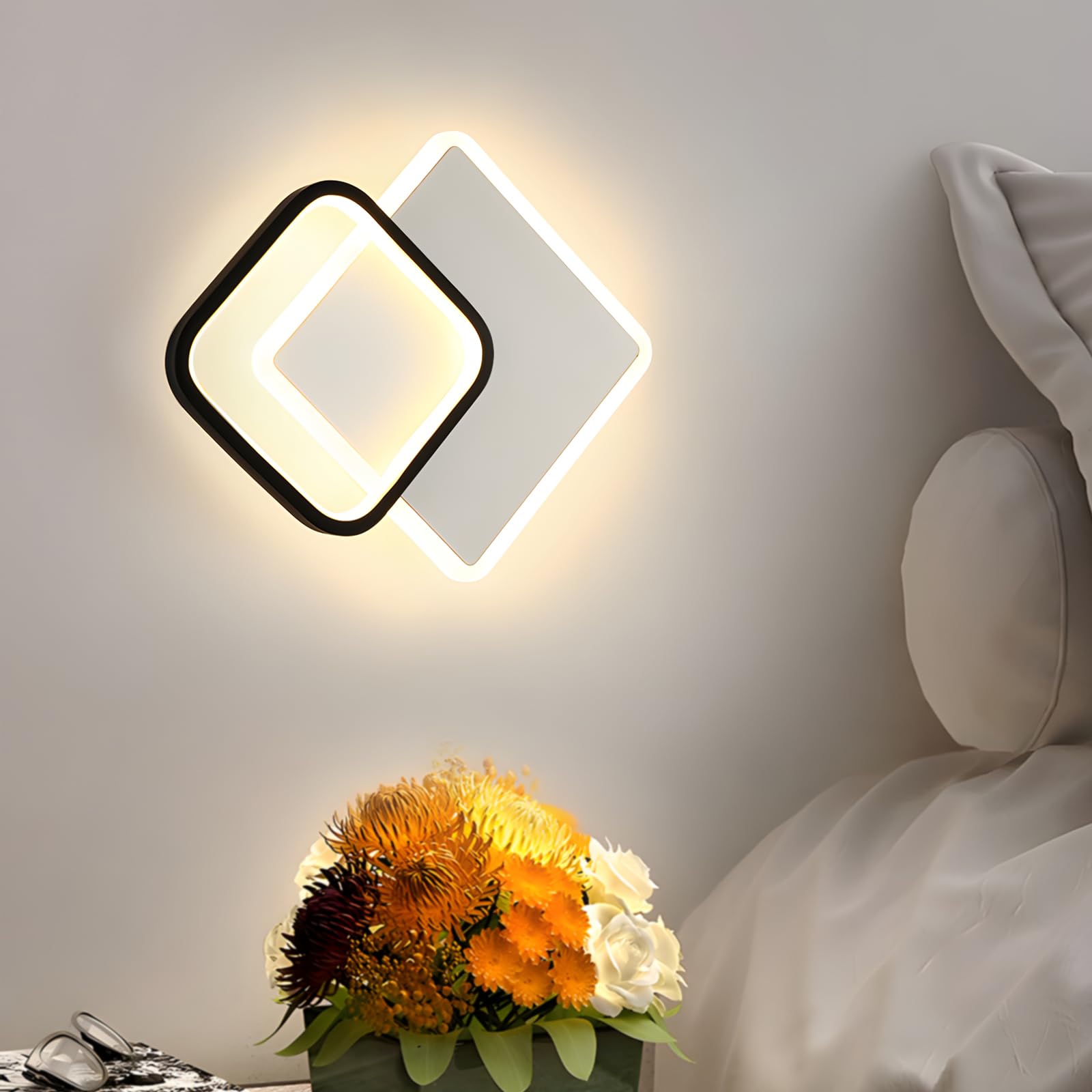 ZTWLEED Indoor LED Wall Lamp, 29W Color Temperature Adjustable 3000K/6000K/4000K, RA≥85 Square Design White+Black for Bedroom, Living Room