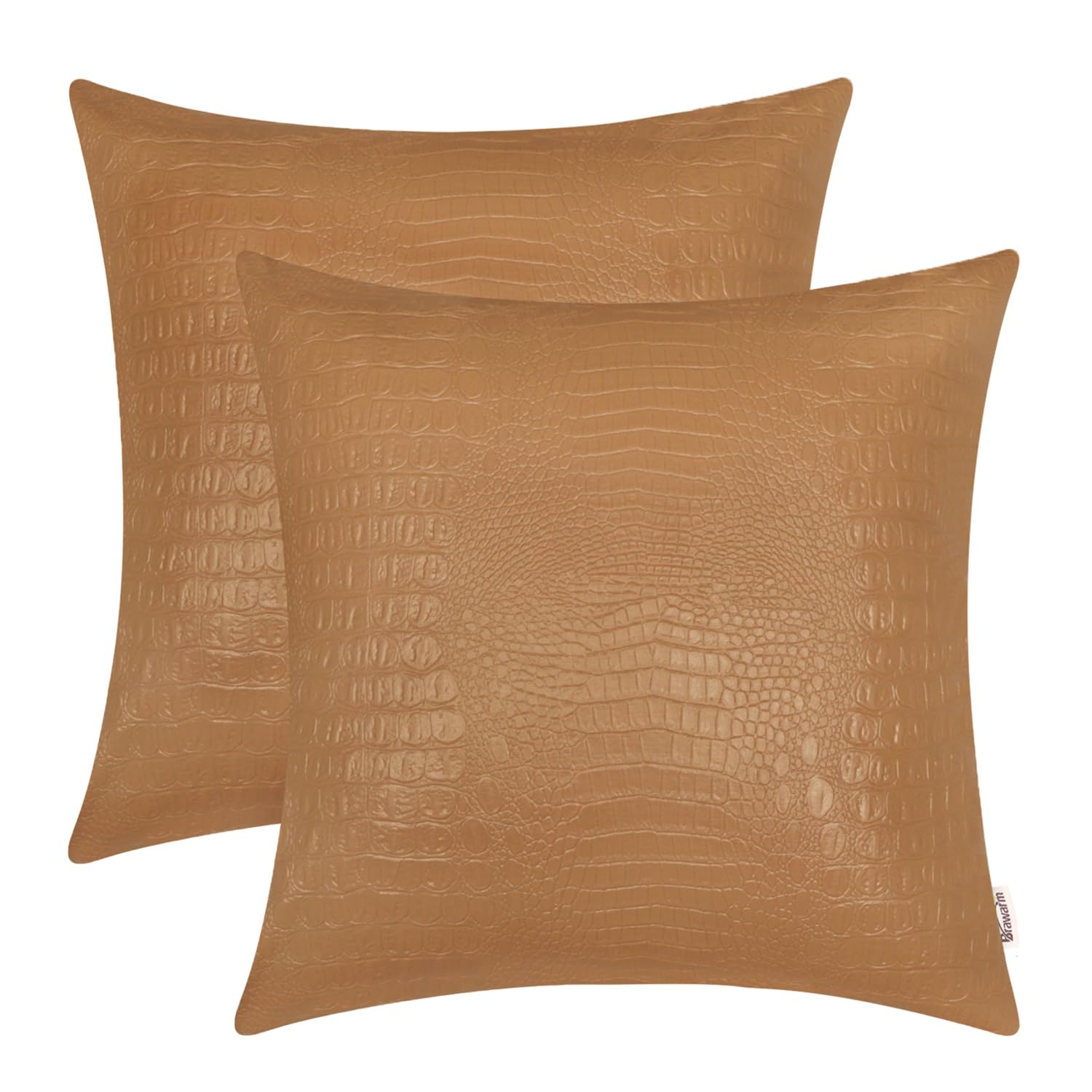 BRAWARM Faux Leather Pillow Covers 18 X 18 Inches, Tan Leather Pillow Covers Pack of 2, Crocodile Leather Decorative Throw Pillows for Living Room Couch Bed Sofa Home