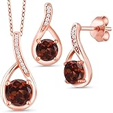 Gem Stone King 18K Rose Gold Plated Silver Red Garnet and Diamond Pendant and Earrings Jewelry Set For Women (2.24 Cttw, Gemstone Birthstone, Round 6MM, with 18 Inch Chain)