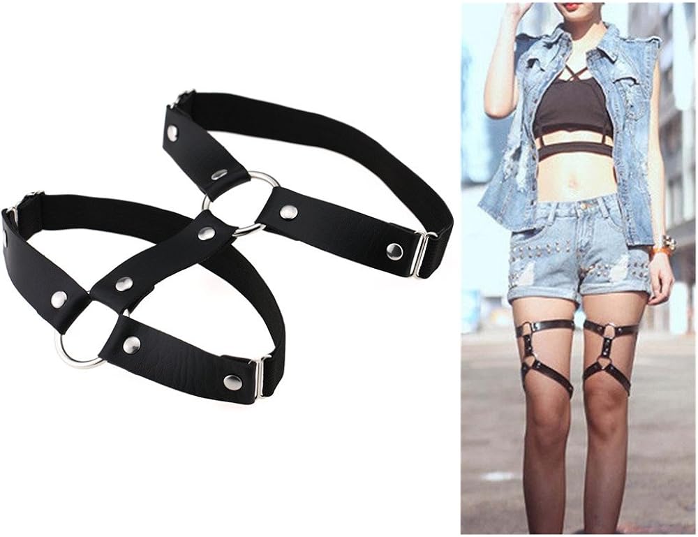 Adjustable Elastice 2 Rows Leather Leg Harness Garter Belt Punk Gothic Thigh Ring Garter (Black): Clothing