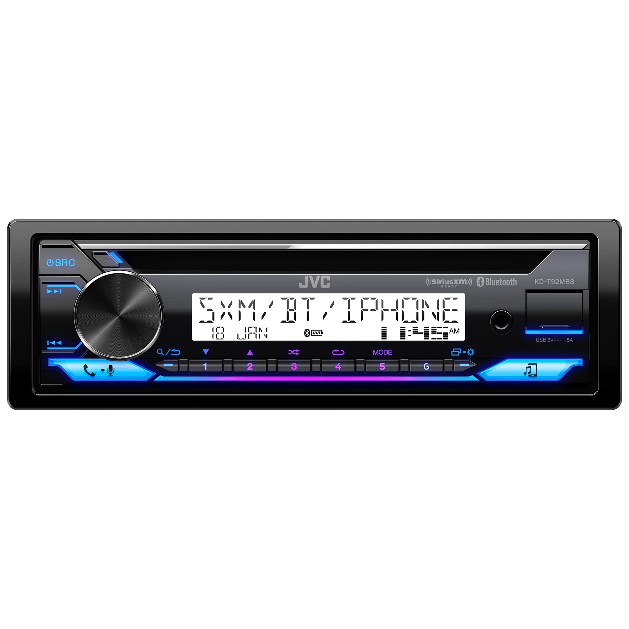 JVC KD-T92MBS Marine Powersport Audio CD Receiver 22W RMS/50W Max x 4, Bluetooth, USB, Time Alignment, 13 Band EQ, 2/3 Way Crossover, 6-Channel 4V Pre-Amp Output, Adjustable Color LED Display