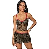 GORGLITTER Women's Cheetah Leopard Outfits Skirt Set 2 Piece Y2k Going Out Ruffle Skirt and Top Set
