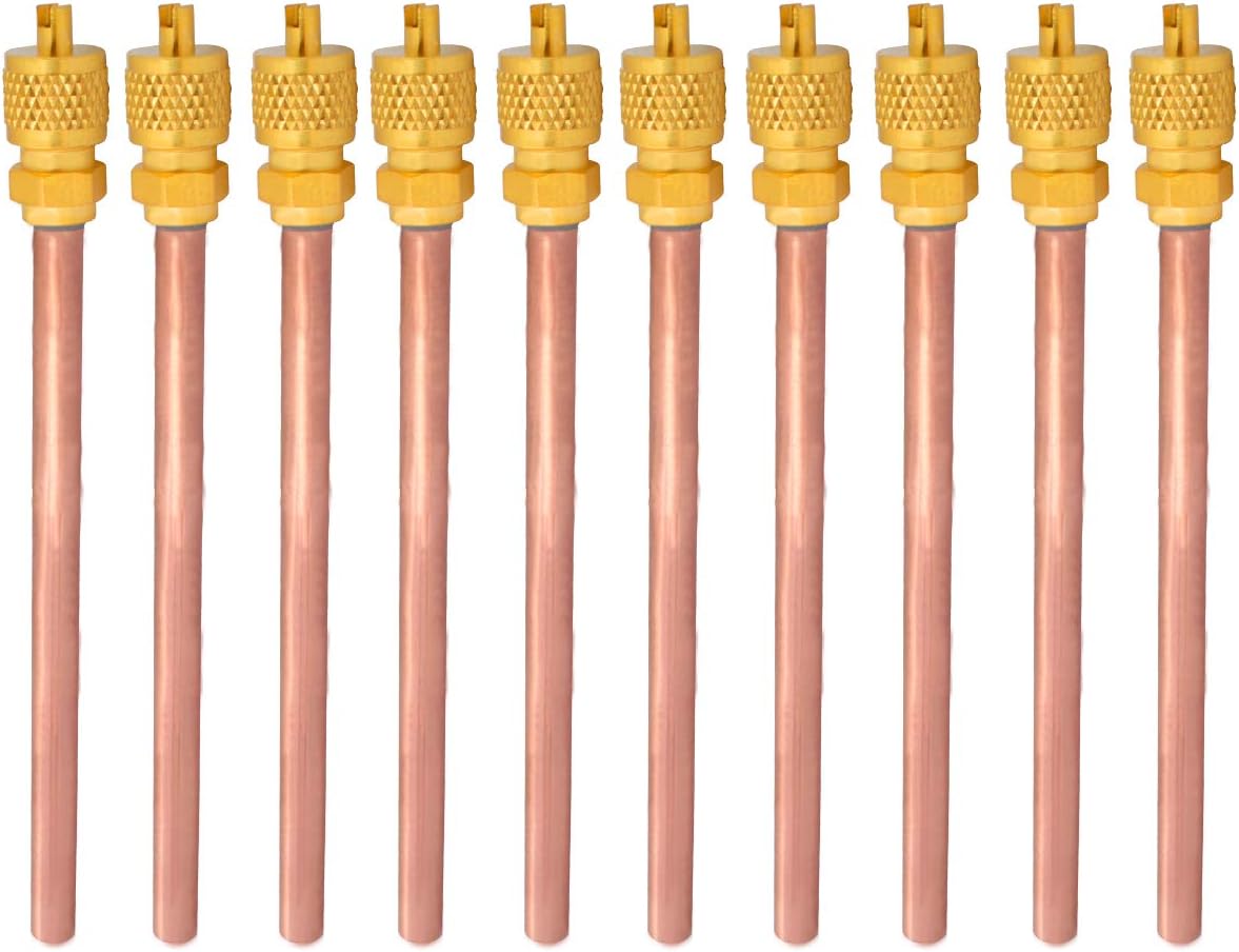 Gekufa Service Access Valve 1/4'' with Core & Cap Stem Remover, Filling Access Valve for Air Conditioner Refrigerant System, 1/4" SAE x 1/4" OD x 4" stem (Pack of 10)