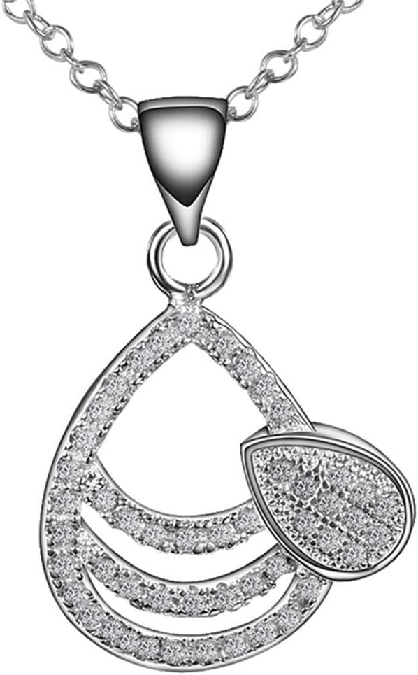 Onefeart Sterling Silver Pendant Necklace Women Girls Round Cubic Zirconia Hollow Design Teardrop Pendant Chic Necklace 45CM Silver