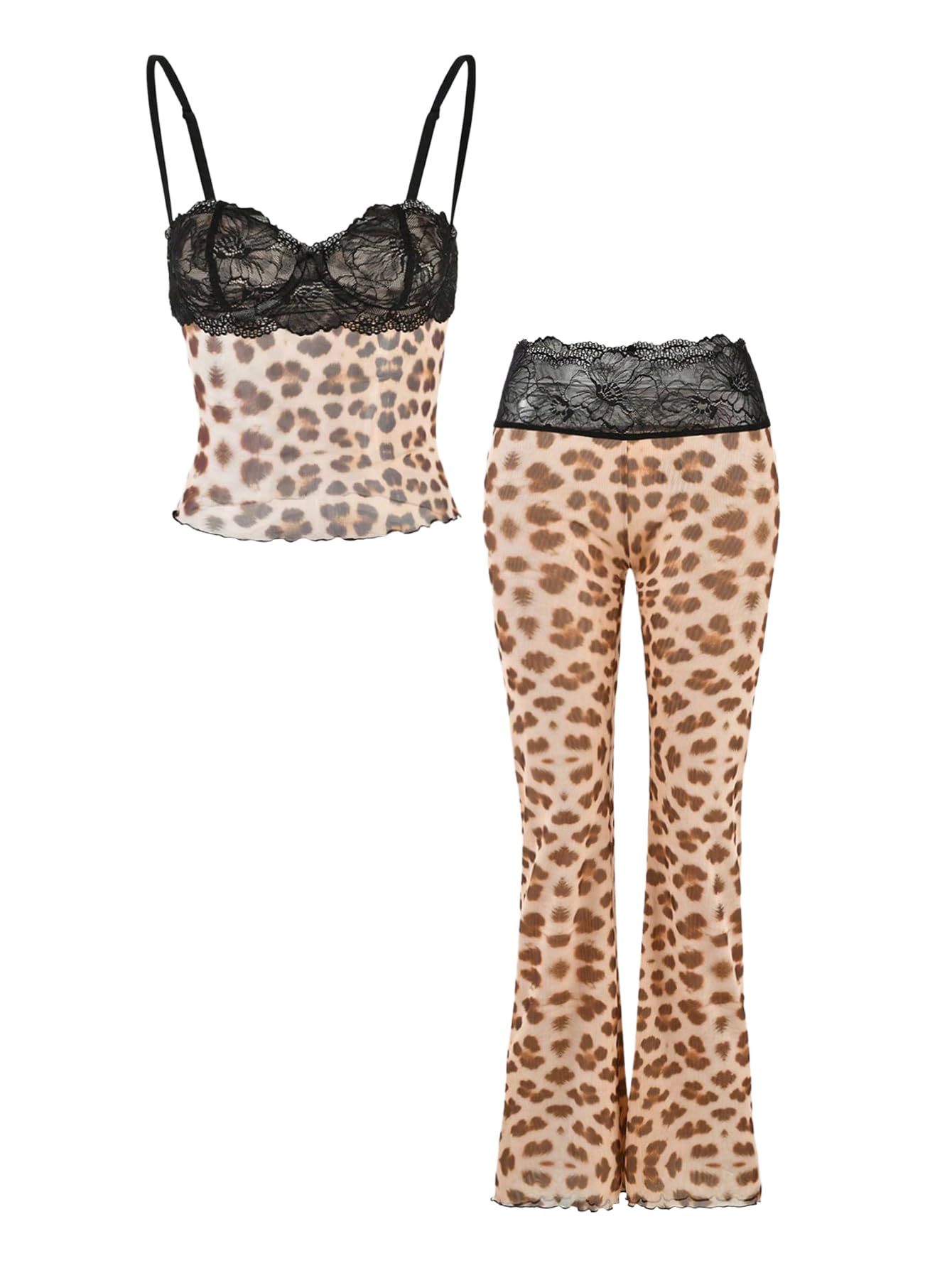 Photo 1 of SOLY HUX Women's 2 Piece Outfits Leopard Print Lace Cami Crop Tops and Pants Y2k Matching Sets Multicoloured Leopard Medium