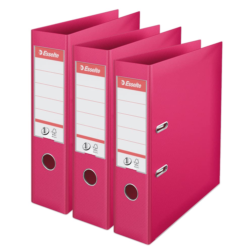 Esselte VIVIDA A4 Lever Arch File, 75 mm Spine, 500 sheets Capacity, PP, Plastic Cover, Files & Folders, Fuchsia, 3 Pack, 624285