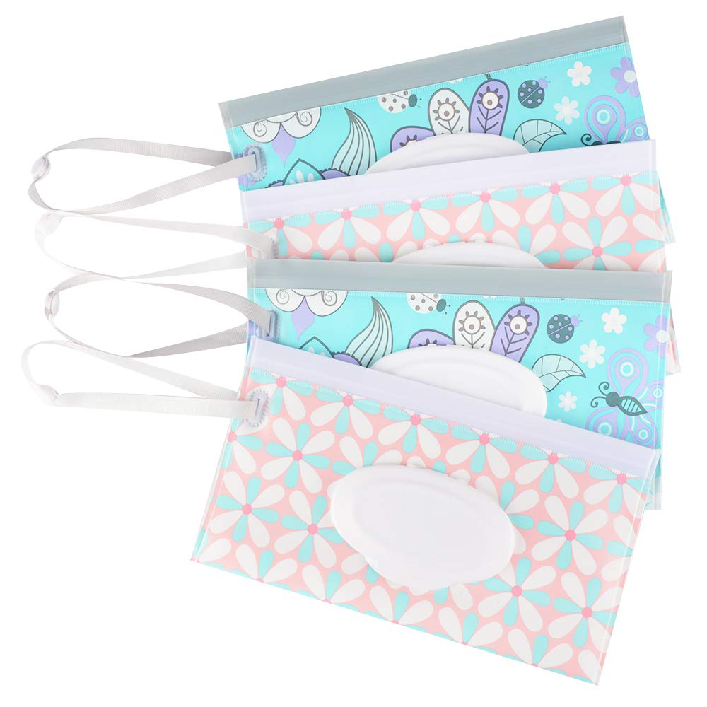 Venhoo Wet Wipe Pouch 4-Pack Reusable Refillable Clutch Baby Wipes Dispenser Holder Case-Keep Wet Wipes Moist- Eco Friendly Wipes Carrying Case for Travel-Pouch Carries 60 Wipes-Upgrade Version