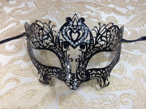 His & Hers Masquerade Couples Venetian Design Masks - 2 Piece Black Colored Set Metal Mask - Perfect Cute Couple Mardi Gras Queen Party Halloween Ball Prom by BK