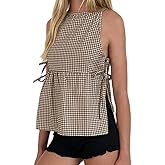 Women Y2K Gingham Tank Top Coquette Spaghetti Strap Side Tie-up Peplum Camisole Summer Going Out Top Streetwear