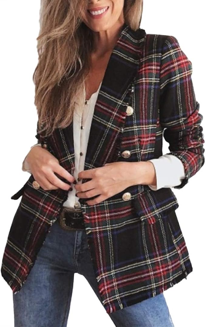 Frolada Ladies' Blazer Tweed Coat Jacket Plaid Green And Red Office