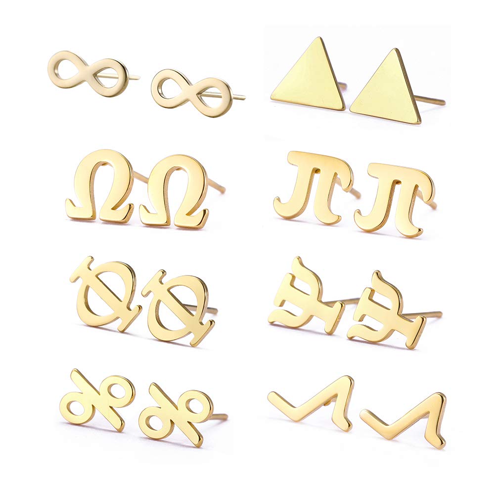 Amaxer 8 Pairs Math Symbol Stud Earrings Tiny Stainless Steel Science Jewelry for Women Girls Birthday Gift (Gold, Math symbol 8pcs)