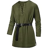 Runcati Mens Medieval Pirate Costume Tunic Renaissance Viking Lace Up Cotton Shirts Knight Warrior LARP Halloween Tops