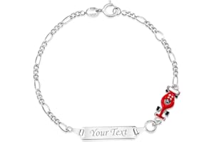 UNICORNJ 925 Italy Sterling Silver Child or Baby Name Bracelet Girls Boys, Personalized Engraved Kids ID Bracelets, 6.5" Figaro Chain, Enamel Charm Newborn Infant Toddler Kid Jewelry