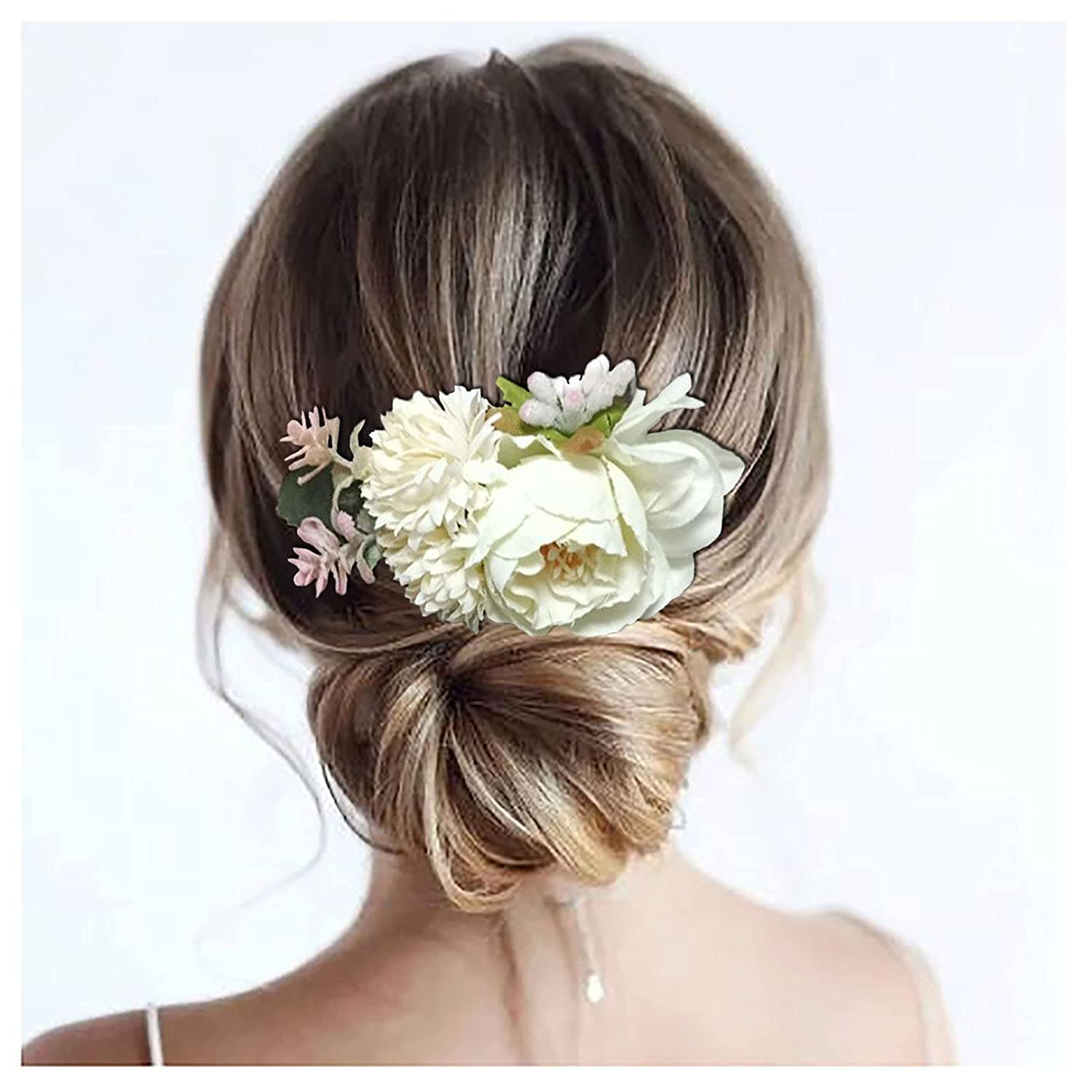 Wedding Flower Slide Comb Bridal Artificial Floral Hair Comb Vintage Frost Headpiece Hair Piece Accessories for Women Girls Brides Bridesmaids (White B)