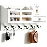 KISENG White Key and Mail Holder for Wall with 6 Hooks and Storage Drawer Drawer &amp; Mail Storage Compartment, 2 Installation Options, Space‑Saving for Entryway, Hallway &amp; Mudroom