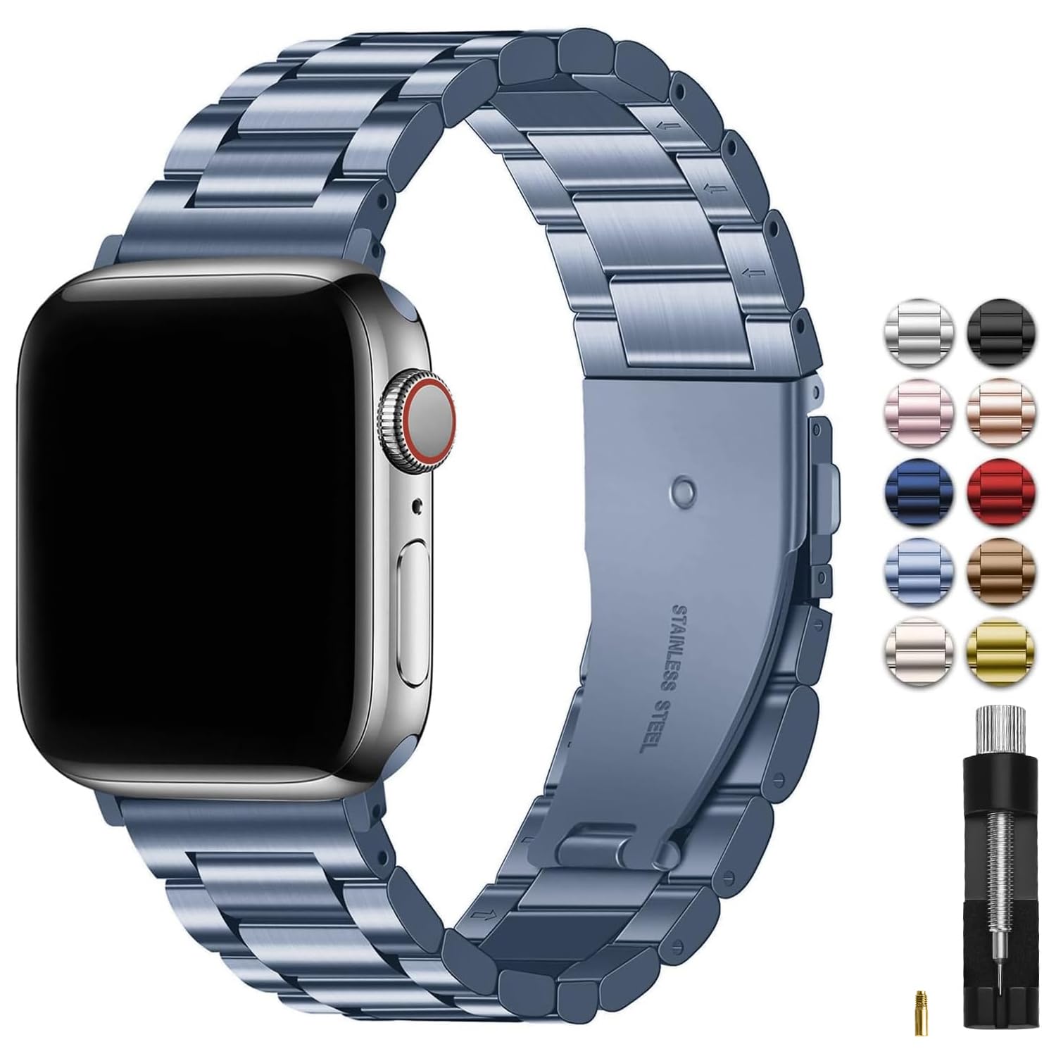 Fullmosa Compatible with Apple Watch Straps 40mm 41mm 38mm, Metal Stainless Steel Replacement Bands for iWatch SE 3 2 1/Series 9/8/7/6/5/4/3/2/1, Blue Grey & Protective Case — image 1