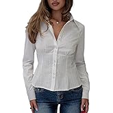 Women Y2K Button Down Shirt Long Sleeve Lapel Collar Plaid Print Fitted Crop Top Vintage Gingham Blouse Streetwear