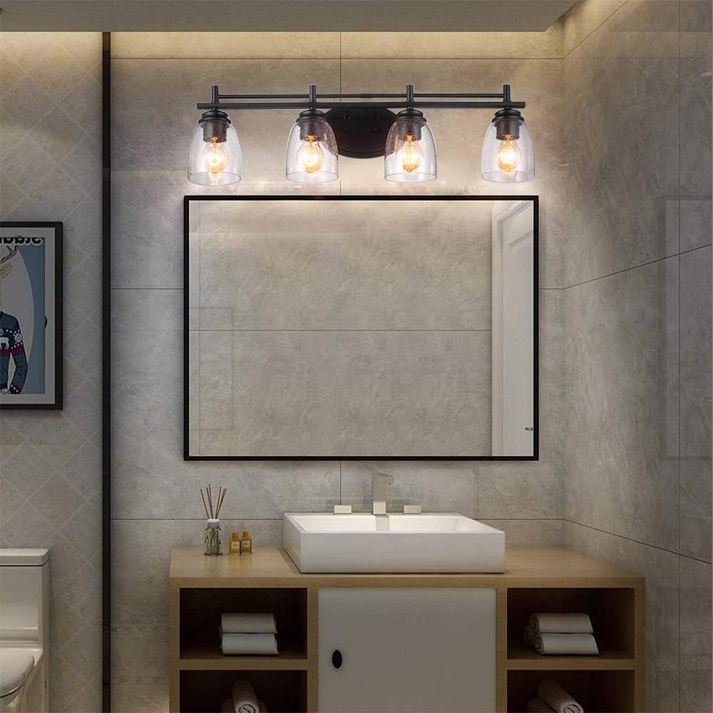 Jinzo Farmhouse 30" Bathroom Vanity Light Fixture 4-Lights Matte Black with Clear Seeded Glass, Up/Down Use - - 