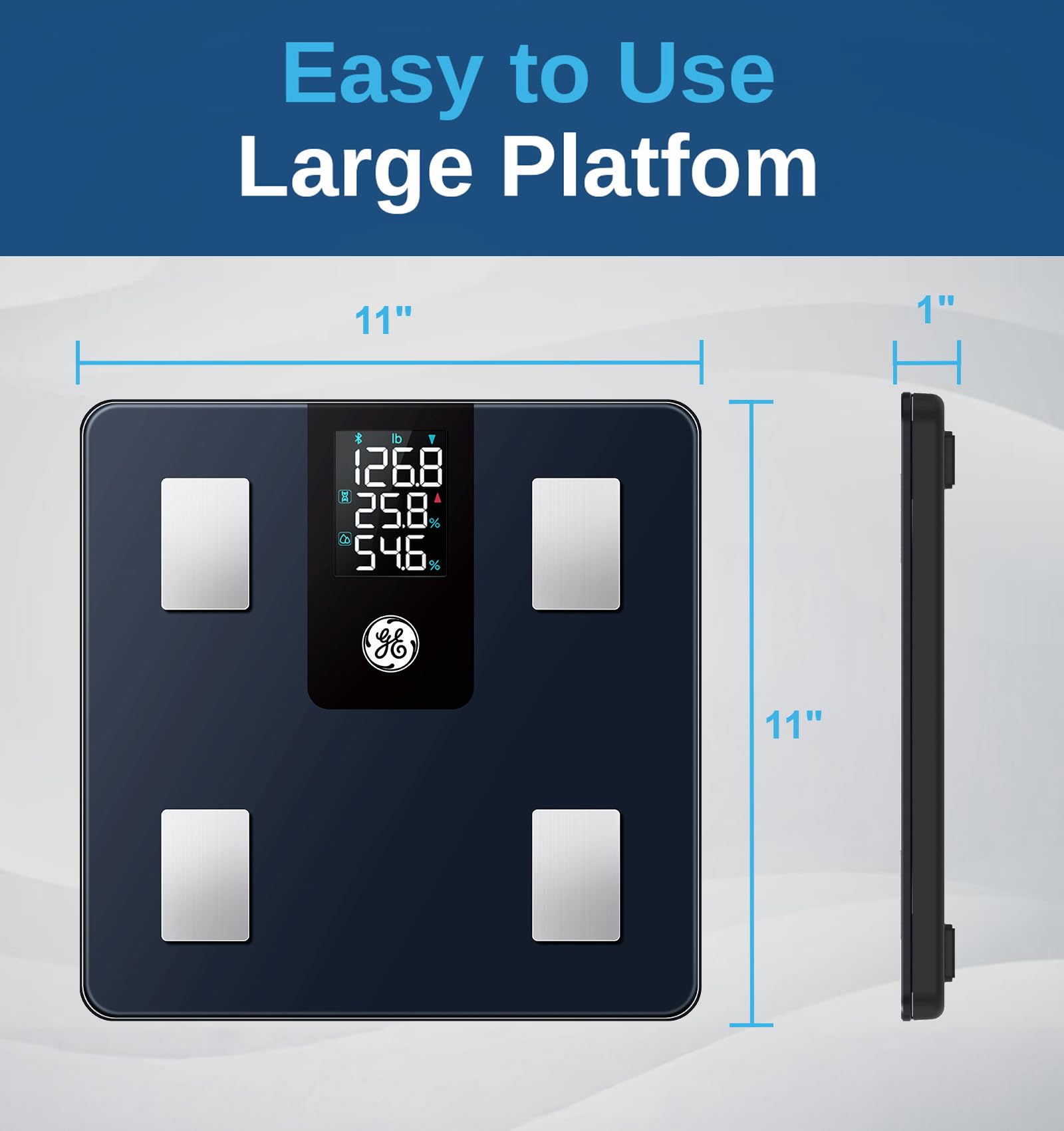 GE Smart Scale for Body Weight and Fat Percentage with All-in-one LCD Display, Digital Bathroom Weight Scales Bluetooth Body Composition Analyzer with App, Accurate Weighing, 400 lbs / 180 kg