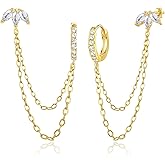 COARVXA 925 Sterling Silver Gold Plated Trinity Cubic Zirconia Stud Chain Earrings | Double Piercing Dangle Chain Huggie Hoop Earring | Trinity Zirconia Stud Earrings Jewelry Gifts for Women