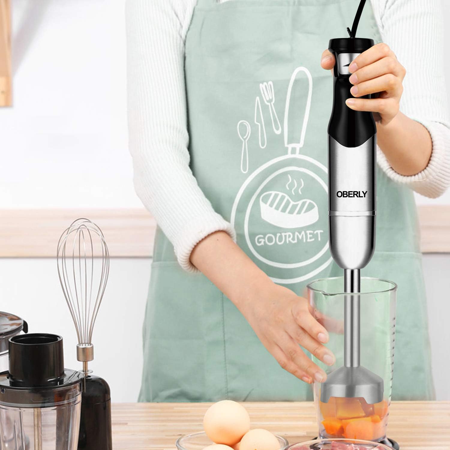 Immersion Hand Blender, OBERLY 3 in 1 Set 500 Watt Smart Stepless Speed Control Multi-Purpose Handheld Stick Blender, Heavy Duty Copper Motor Brushed Stainless Steel Finish With Whisk, Milk Frother Attachments: Kitchen & Dining