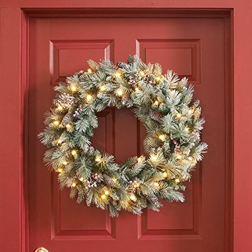Cordless Pre-Lit LED Snowflocked Cone &amp; Berry Wreath