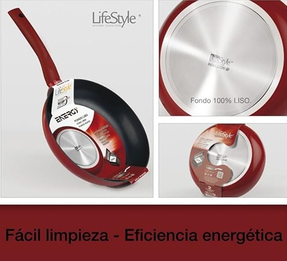 Life Style - Sarten de Aluminio Energy - 26 cms - Fondo Liso - Rojo