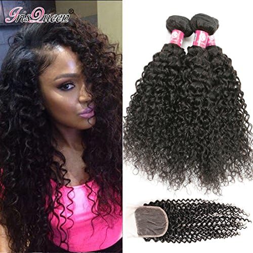 Brazilian Hair Curly With Closure Grade 10A Unprocessed Brazilian Curly Virgin Human Hair 3 Bundles With Free Part Kinky Curly Closure Natural Black Brazilian Human Hair Extensions 10 12 14 and 10