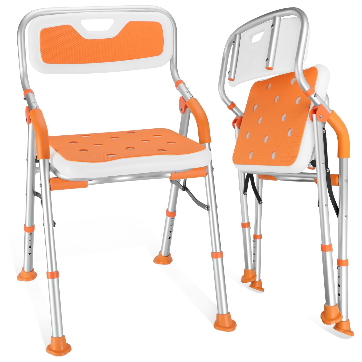 折りたたみシャワーチェア【2024業界新進化 お介護椅子・作業療法士監修】シャワーチェアー 介護用 軽量 丈夫 アルミ合金フレーム 介護用品 風呂椅子 4段階高さ調節可能 バスチェア 耐荷重150KG 介護チェア 転倒防止 ベンチ 立ち上がり補助 入浴用品 収納に便利 日本語説明書付き (オレンジ, 平たい座面) の商品画像