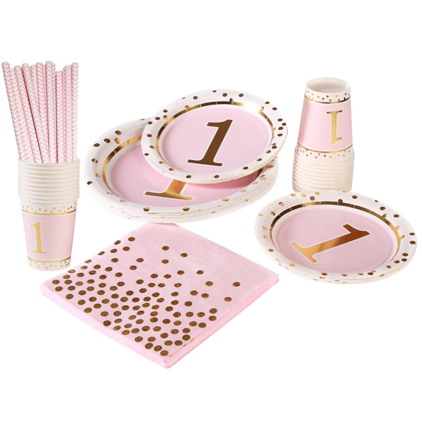 1st Brithday Disposable Paper Plates Party Supplies - Gold Metallic Foil Dots 20 Dinner Plates, 20 Dessert Plates, 20 Cups,25 Straws,20Napkins for Birthday Wedding Party,Pink