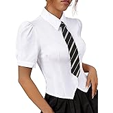 Women's Short Sleeve Button Down Shirt, Asymmetrical Hem Blouse with Puff Sleeve, Casual & Office Wear Top