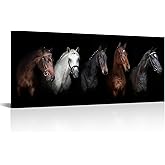Large Animal Canvas Wall Art Black and White Horse Picture Prints Inspirational Horses Wall Decor Living Room Modern Artwork Home Decoration Framed Ready to Hang 20"x48"