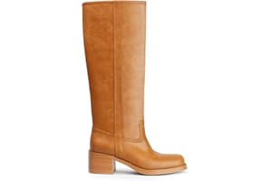 Gothictor Women's Banana Knee High Boots Square Toe Chunky Block Heel Comfortable Low Heel Pull on Wide Calf Riding Long Boots for Women