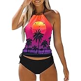 Live Simple Coconut Tree Halter Neck Tankini Set for Women Drawstring Side Swimsuit Summer Beach Two Piece Bikini Set