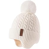 FENELY Girls Boys Winter Hat 3-12, Children's Warm Knitted Earflaps Beanie with Pom Pom Thicken Fleece Lining Cap for Kids