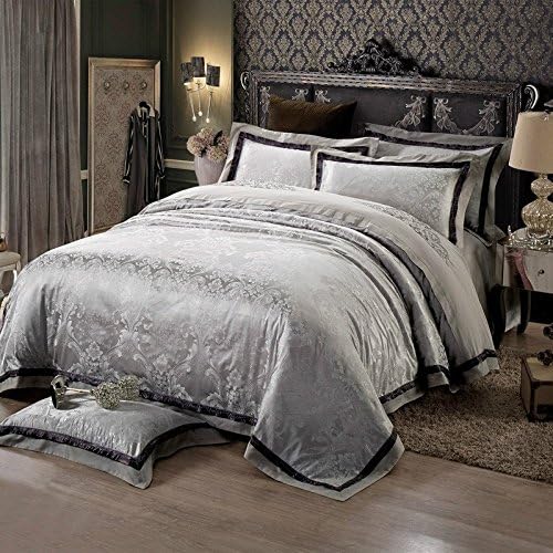 Svetanya Traditional Silver Shade Floral Printed Pattern, Cotton + Silk Blend Duvet Cover Bedding Set - (Quilt Cover + Bed Sheet + Pillowcase). LUXURY FEEL FABRIC. 100% SET. 68. (Queen)