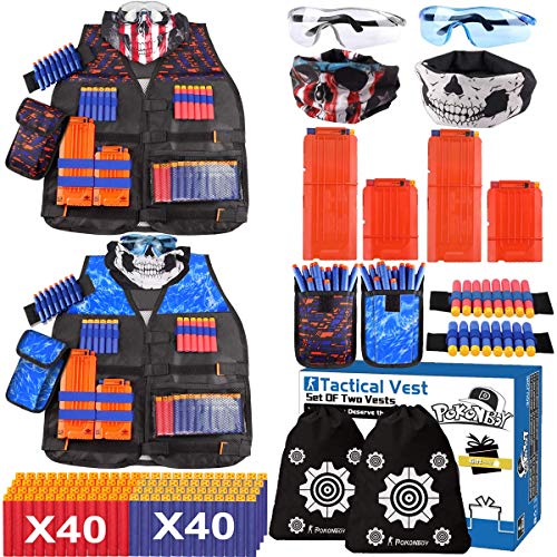 2 Sets Tactical Vest Kits Fit for Fortnite Nerf Guns N-Strike Elite Series with Kids Vests, Dart Pouches, Face Masks, Protective Glasses, Wrist Bands, Storage Bags, 4 Reload Clips, 80 Refill Darts