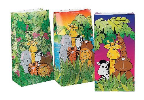 Fun Express Jungle Birthday Party Loot Gift Paper Sacks Bags Lion Zebra Giraffe Monkey Tiger Elephant Novelty