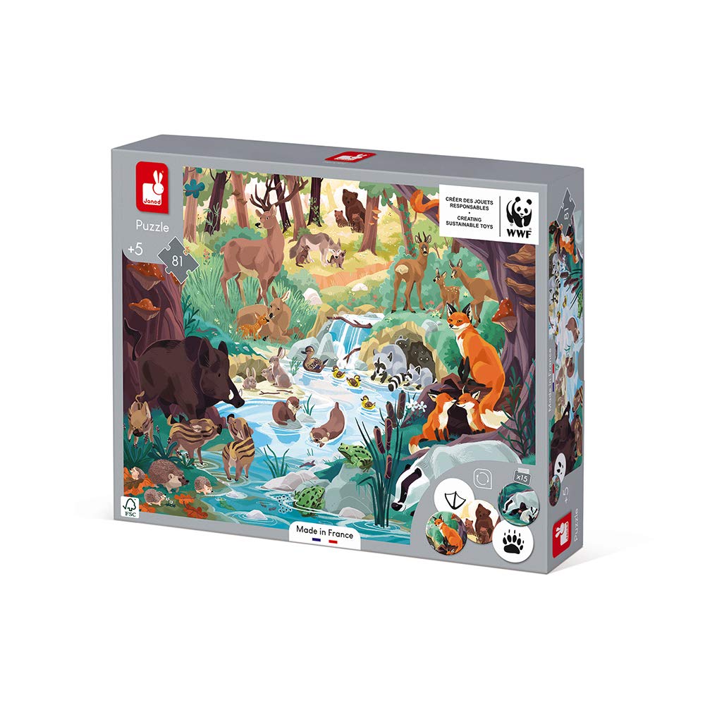Janod - Sink and Find Footprints Puzzle - Animals Of The Forest Cardboard Puzzle - 81 Pieces and 15 Tokens - Vegetable Inks - Wwf Partnership - Fsc Certified - from 5 Years Old, J08628