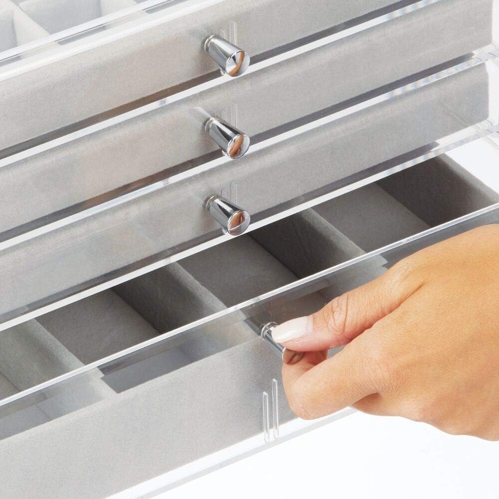 mDesign Plastic 4-Drawer Jewelry Box - Removable Divided Organizer Trays for Storage on Dresser, Vanity, Countertop - Holds Earrings, Bracelets, Necklaces, Bangles, Rings - Clear/Gray: Home & Kitchen