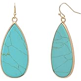 14K Yellow Gold Edged Flat Gem Stone Drop Earrings for Women