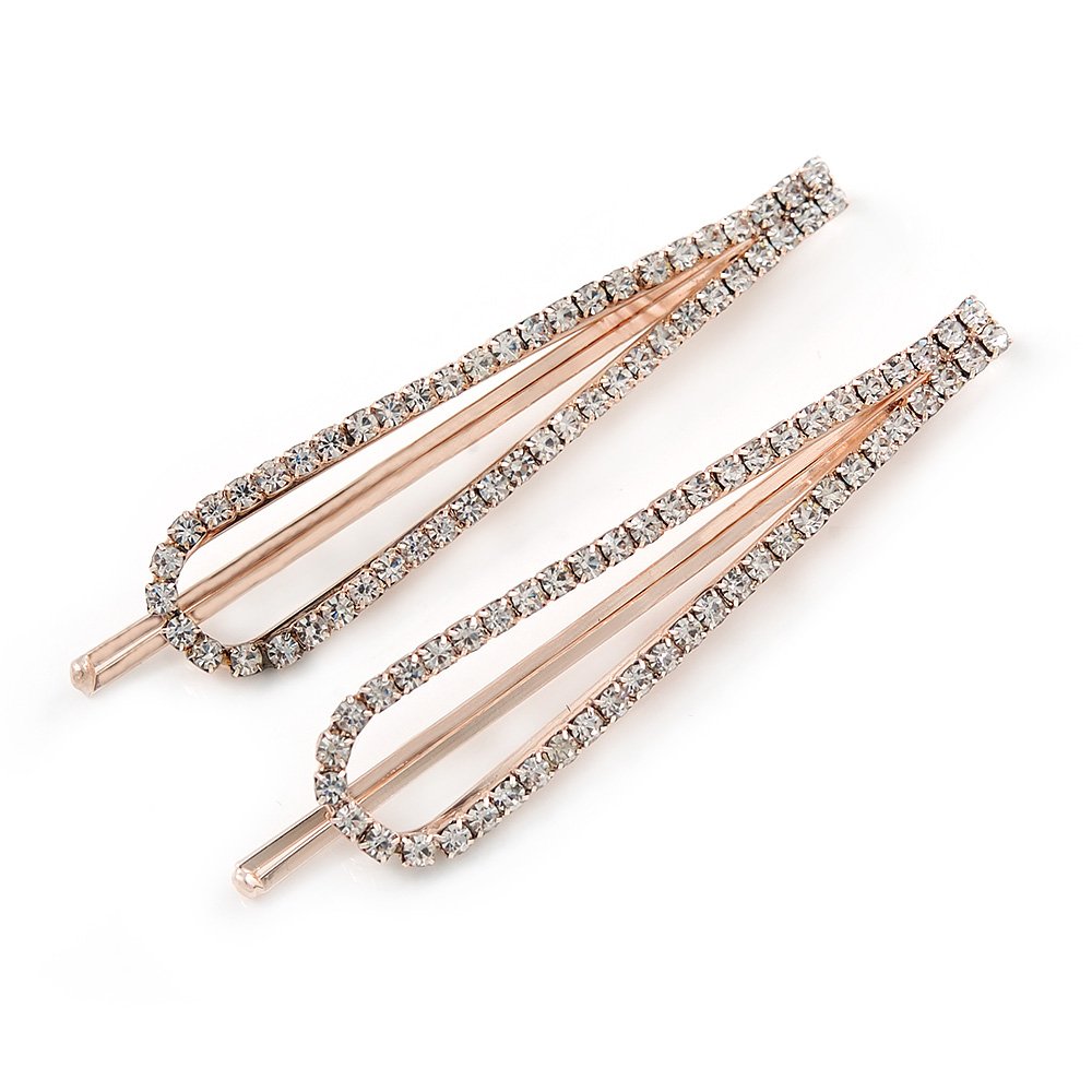 2 Bridal/Prom Clear Crystal Open Loop Hair Grips/Slides In Rose Gold Tone Metal - 70mm L