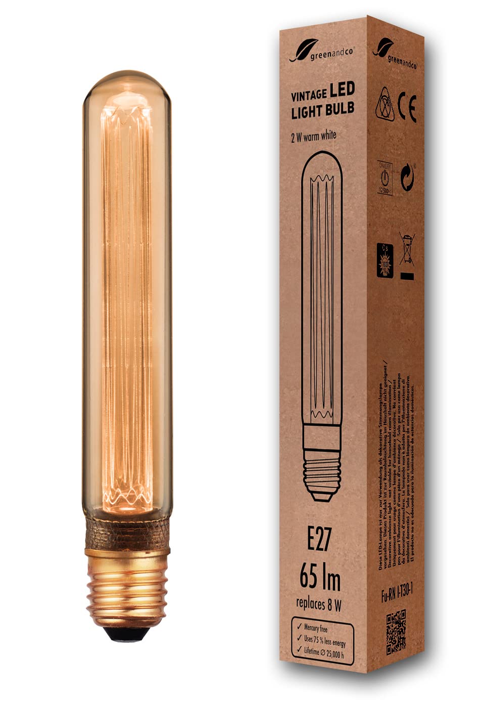 greenandco Decorative LED Vintage Light Bulb | E27 T30 | Amber | 2W 65lm | 1800K Extra Warm White | 320° | 230V | Flicker Free | Not Dimmable